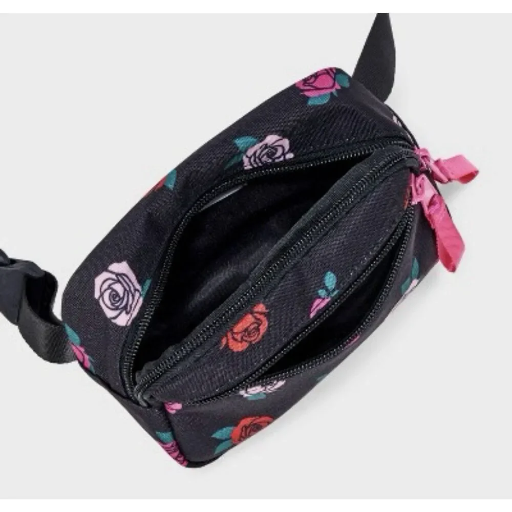 Cat & Jack Floral Fanny Pack Girls One Size Black Rose Print Crossbody Bag‎